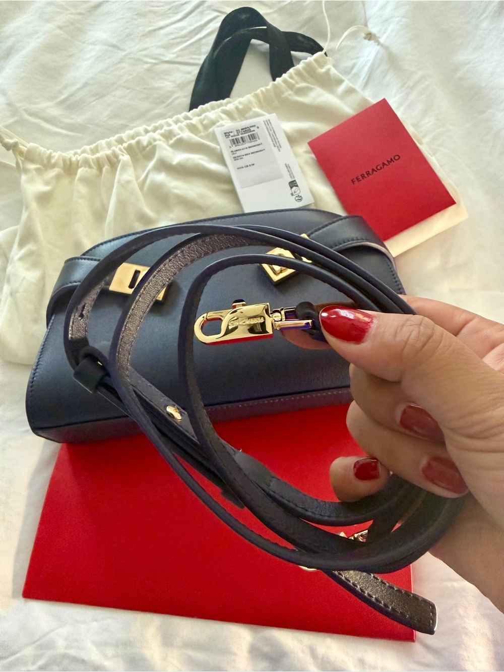 Salvatore Ferragamo Navy Leather Shoulder Bag with Gold Hardware NWT - Picture 6 of 15
